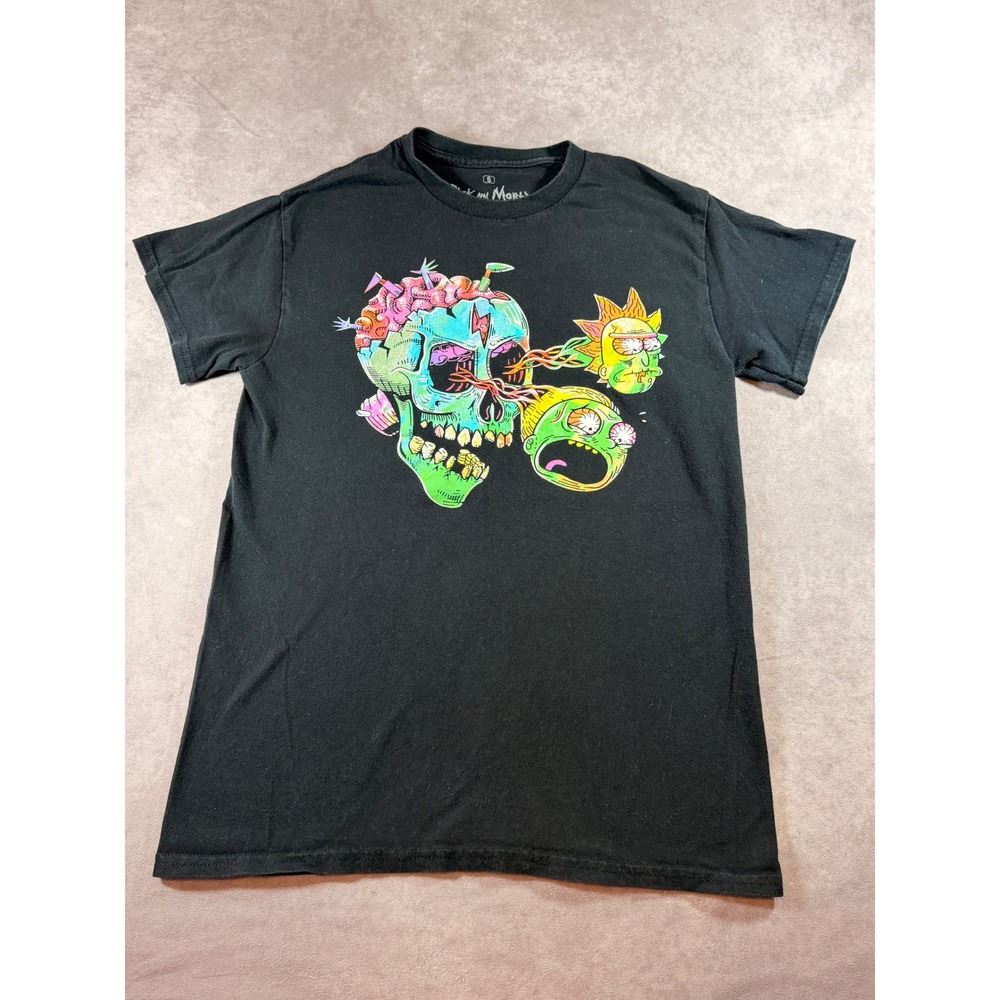 Rick and Morty Skull Graphic T-Shirt Black Adult Swim Neon Sci-Fi Tee Small